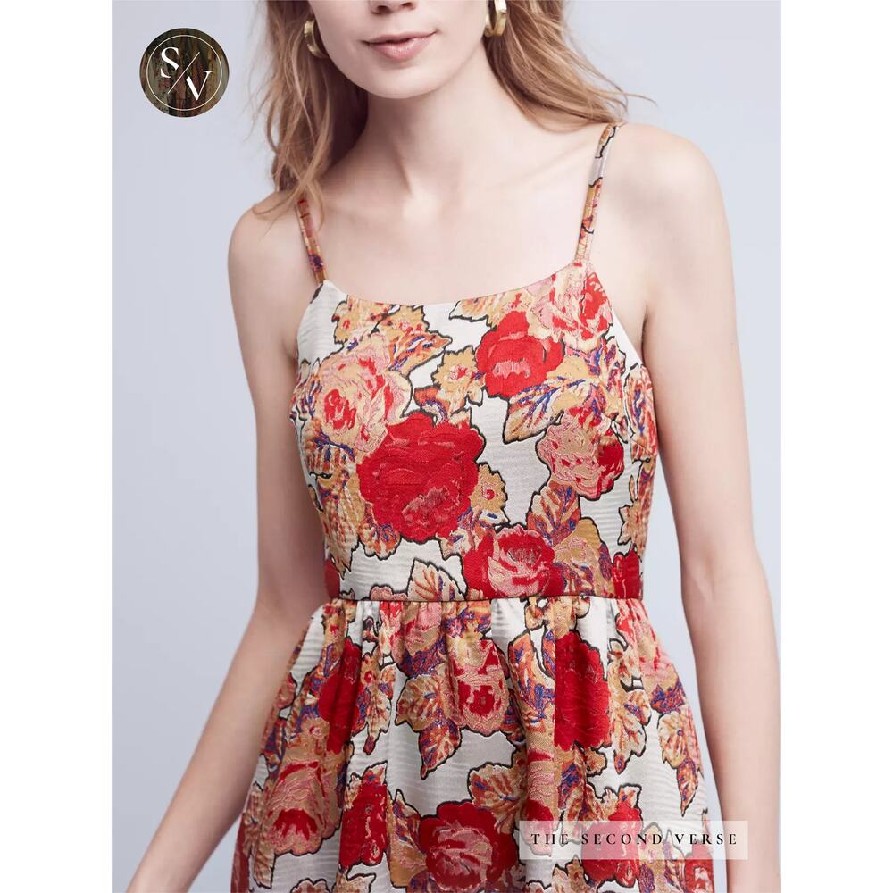 Rachel Antonoff Anthropologie Red Rose Midi Floral Dress Size 0 Petite - Picture 2 of 12
